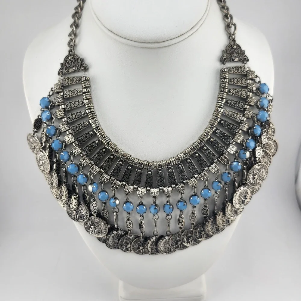 Republique Francaise SILVER Tone Faux Turquoise Beads Horns COINS NECKLACE